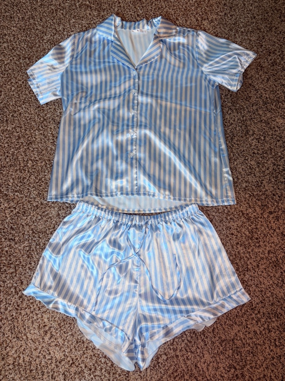 Striped Satin Pajama Set in Light Blue & White - Women's Two-Piece Sleepwear